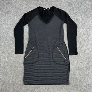 Athleta Sweater Dress Womens XS Gray Striped V Neck Long Sleeve Zip Pockets